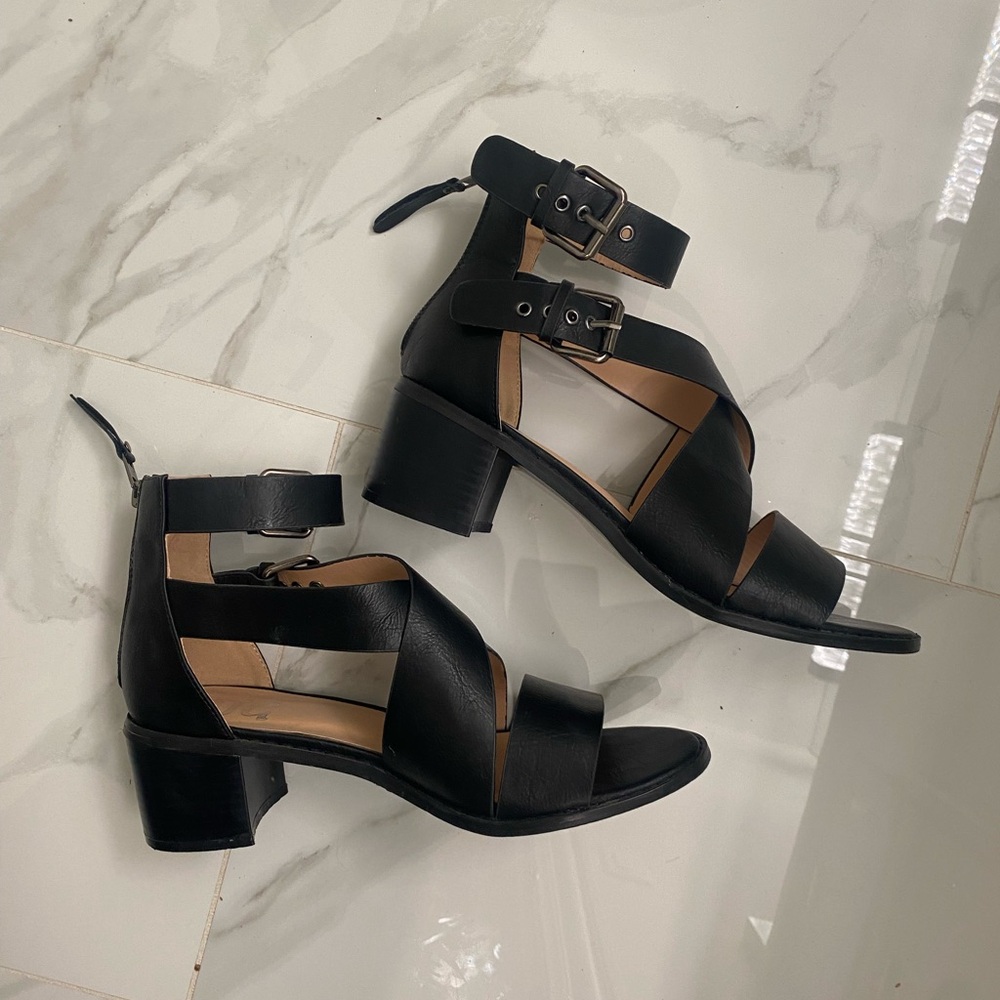 Black Ankle Strap Block Heel Sandal